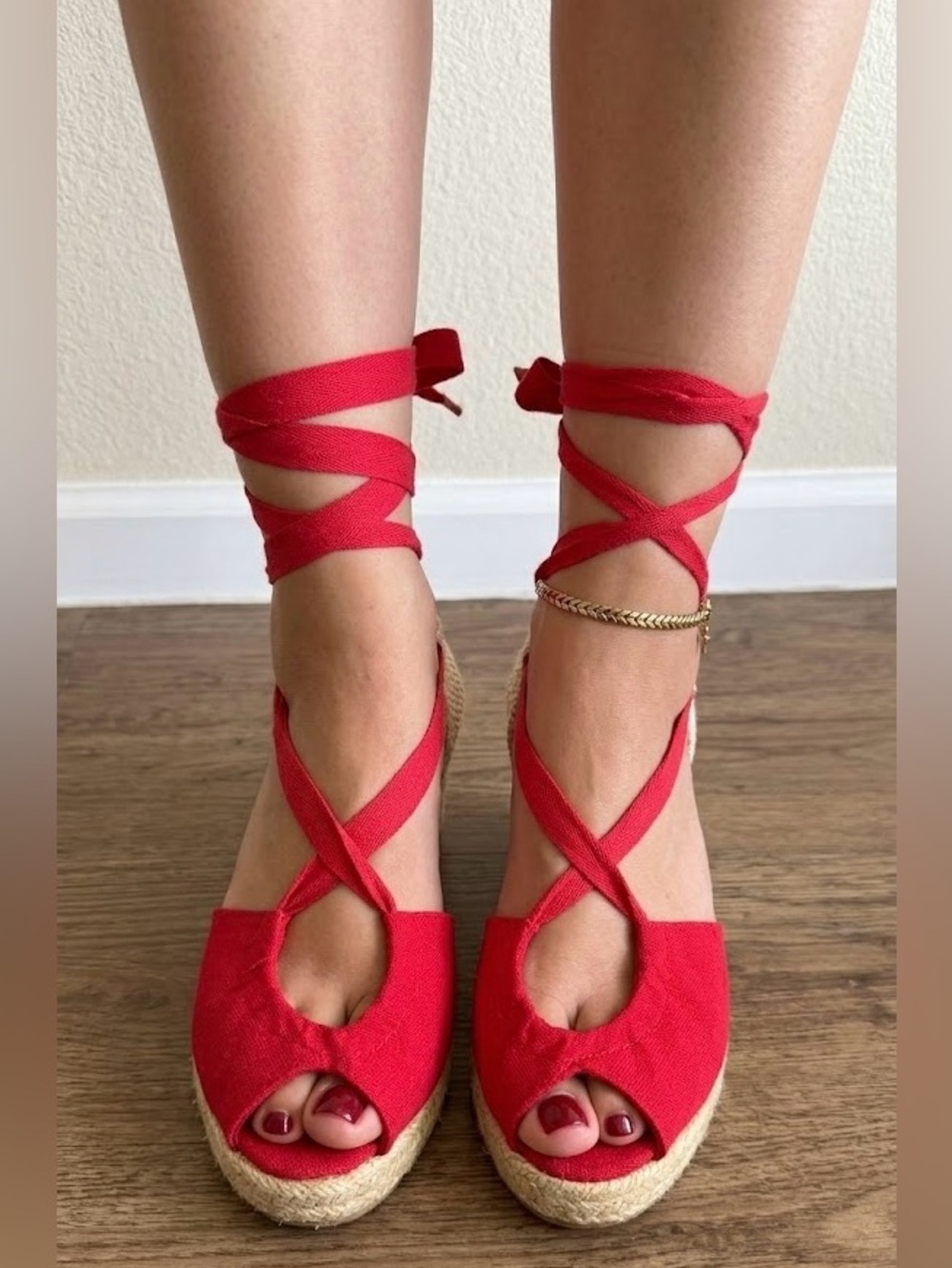 Rouje Paris Red Canvas Lace-Up Espadrille Wedges